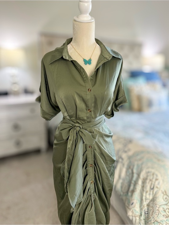 Dresses & Skirts - NEW Women Elegant Satin Button Down Short Sleeve Maxi Shirt Dress with Belt